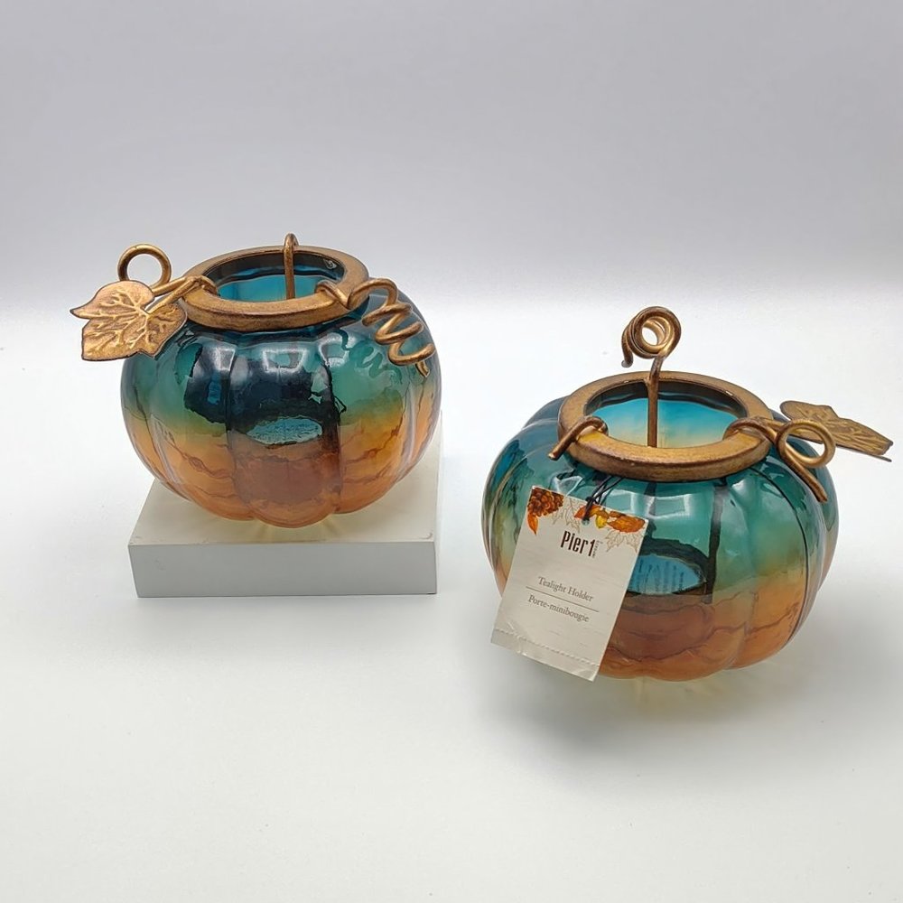 Pier 1 - 2 Teal & Amber Glass Pumpkin w/ Bronze Leaf Tea Light Candle Holder New